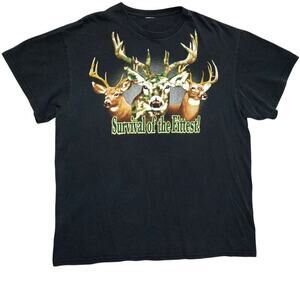Vintage Survival of the Fittest Camo Deer Graphic Tee – Black – Size XL –